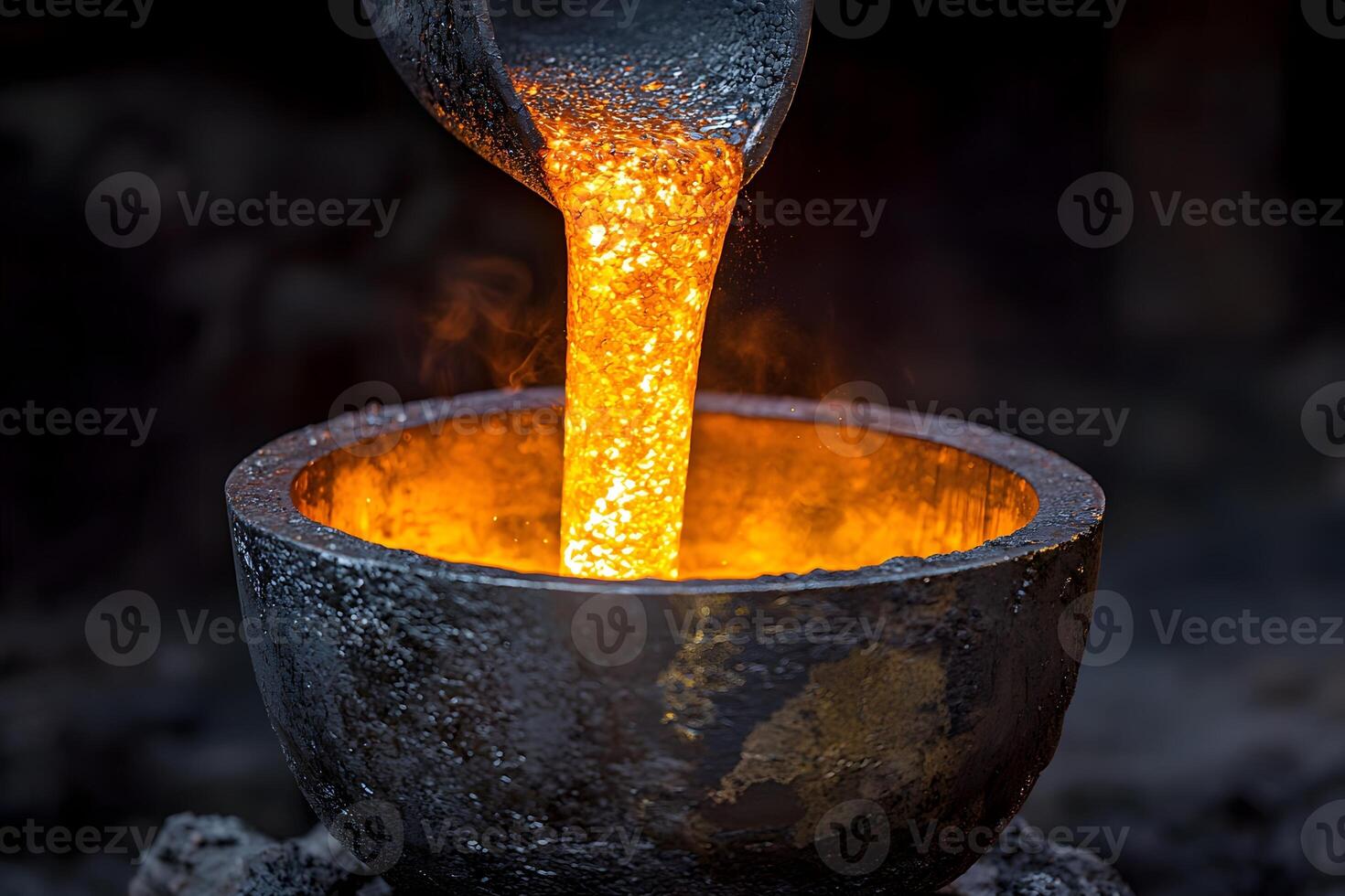 Molten Metal Pouring into Crucible Hot Orange Glow Industrial Foundry Metalworking photo