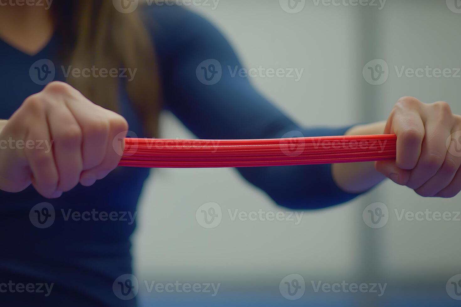 Woman Stretching with Red Resistance Band Fitness Exercise Workout photo