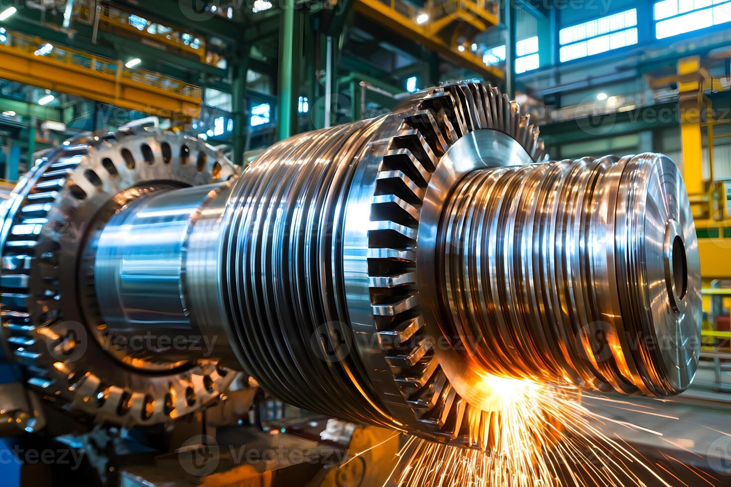 Industrial Turbine Rotor Manufacturing Close up of Precision Machining and Welding photo