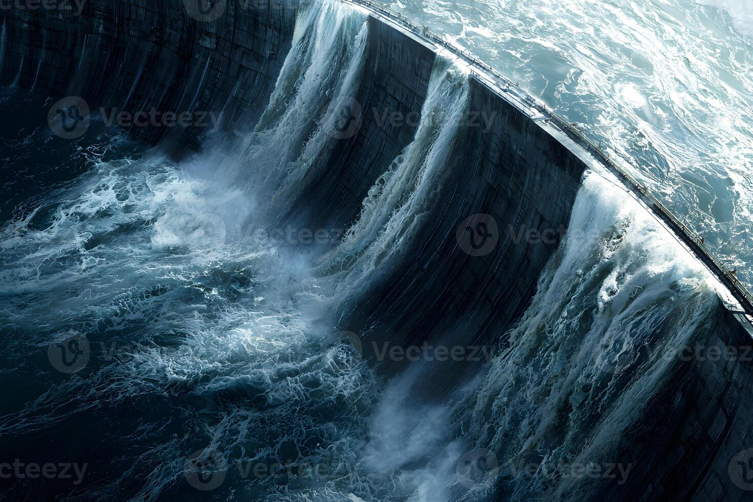 Dramatic Aerial View of Dam Overflowing Powerful Waterfall Turbulent Water Hydroelectric Power photo