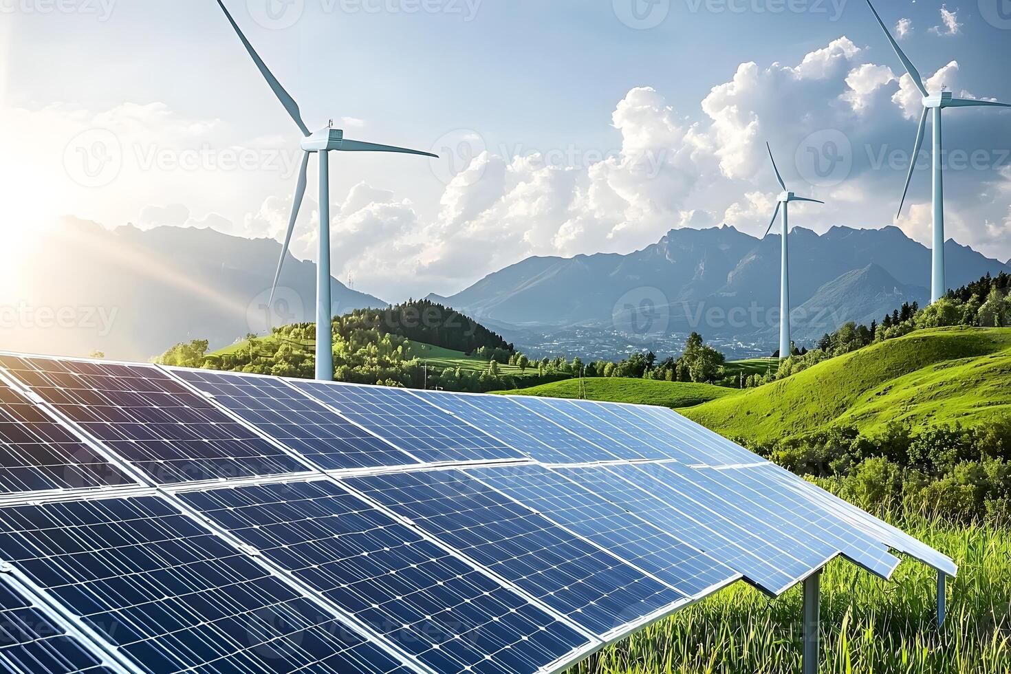 Sustainable Energy Solar Panels Wind Turbines in Scenic Mountain Landscape photo