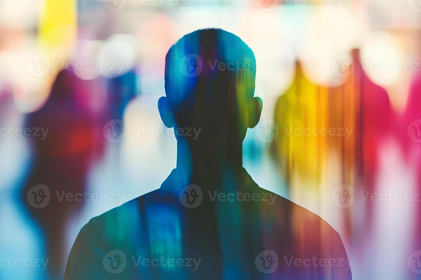 The silhouette of a man in front of a crowd of people photo