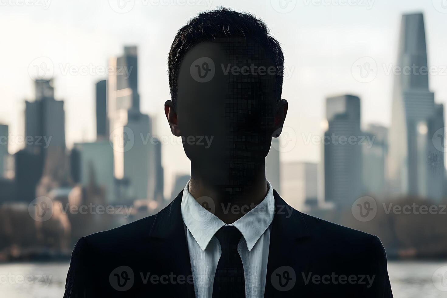 A man in a suit and tie standing in front of a cityscape photo