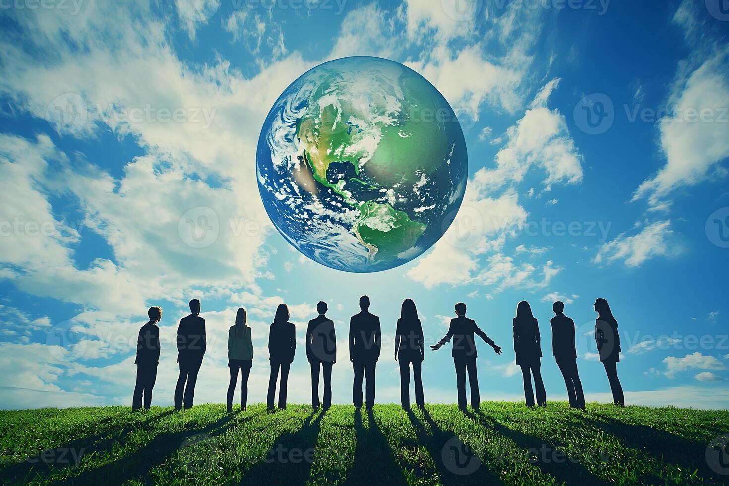 Business people standing in front of a globe photo