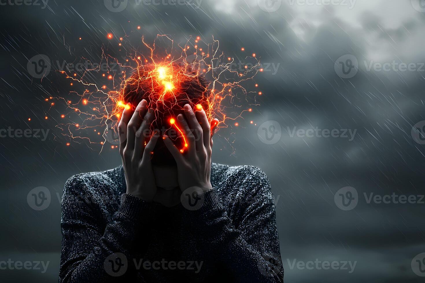 A man with his hands on his head and his head covered in glowing electrical wires photo