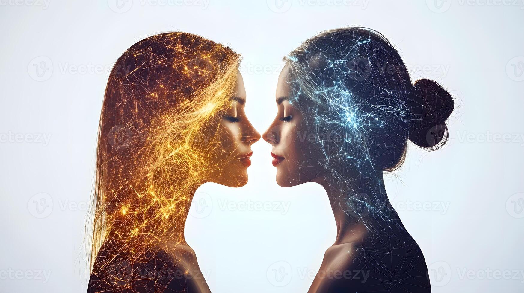 Two women are facing each other with glowing hair photo