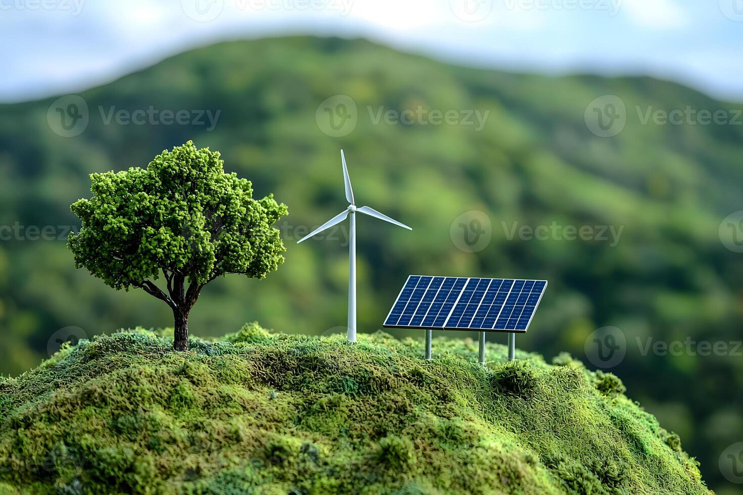 Solar panels and wind turbine on a hillside photo