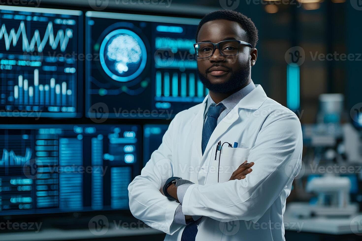 A black man in a lab coat standing in front of a computer screen photo