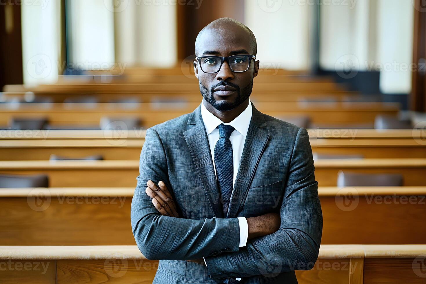 A man in a suit and tie standing in a courtroom photo