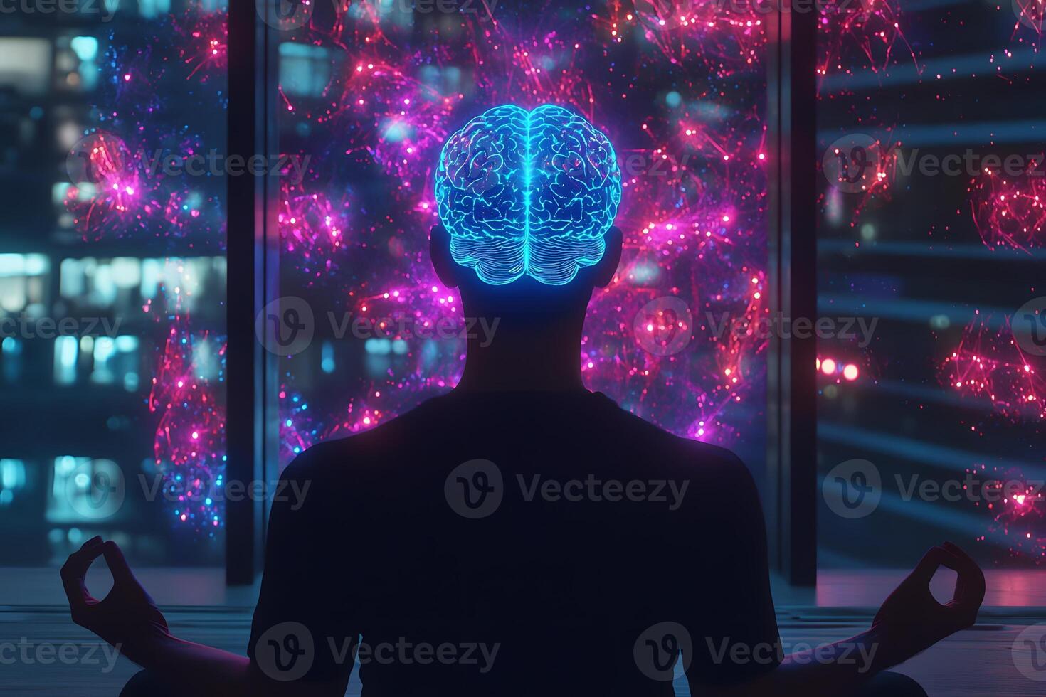 A man meditating in front of a cityscape with a brain in the middle photo