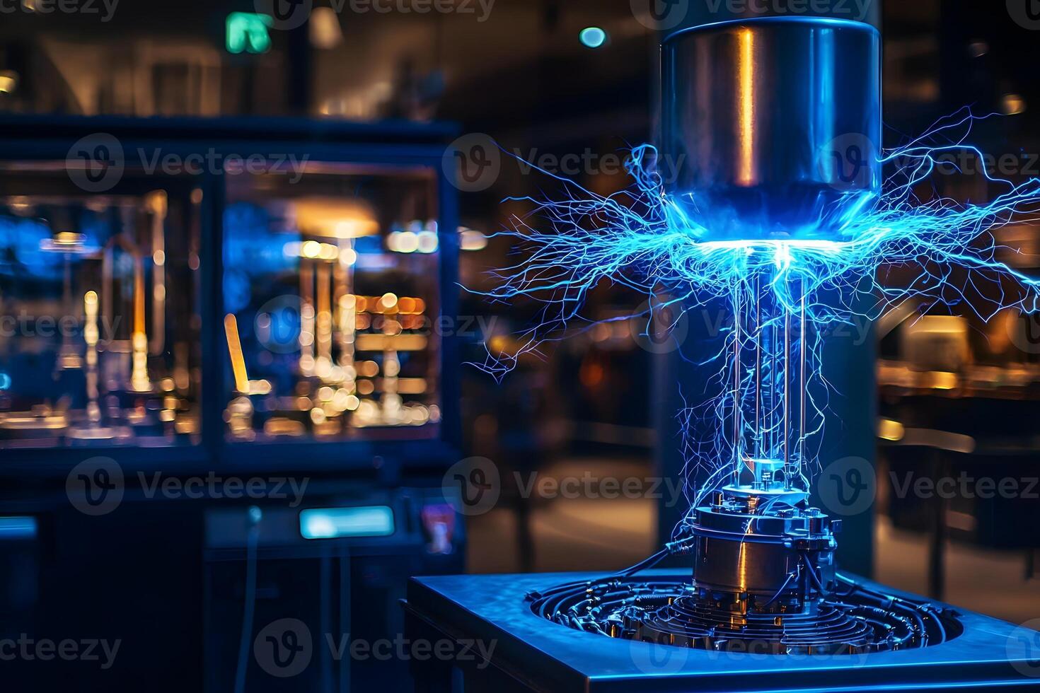 A machine with a blue light and a metal object photo