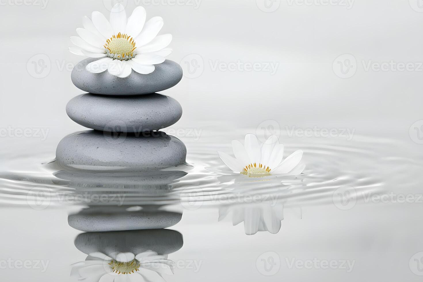 A stack of stones with a white flower on top photo