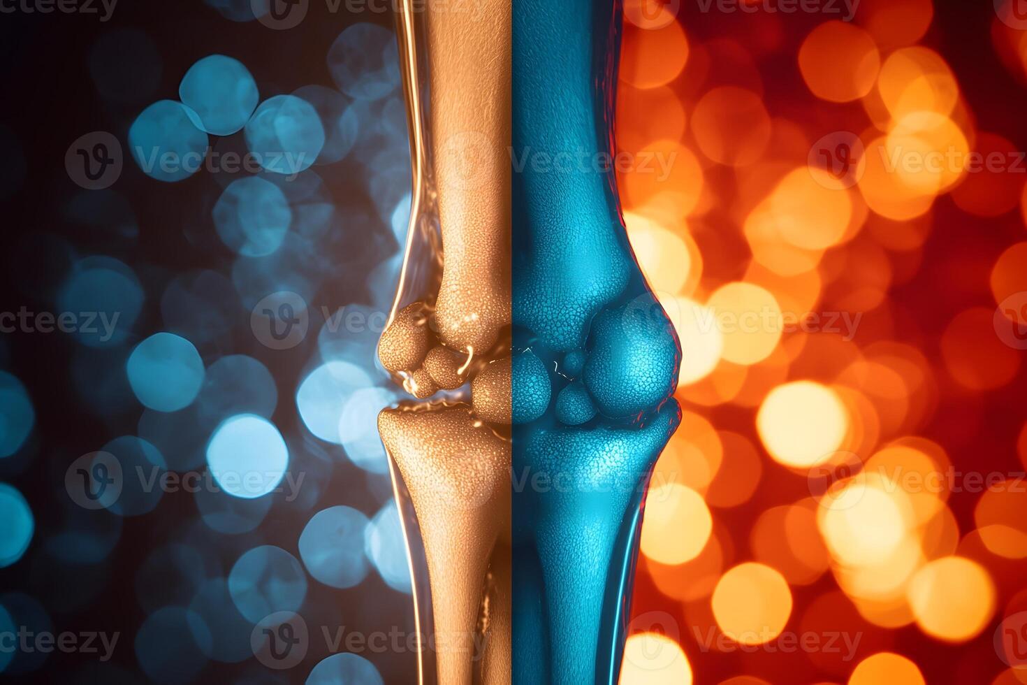 A close up of a knee with a blue and orange color photo