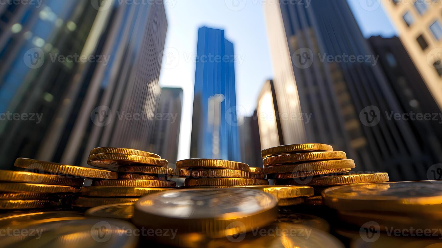 Gold coins in front of tall buildings photo