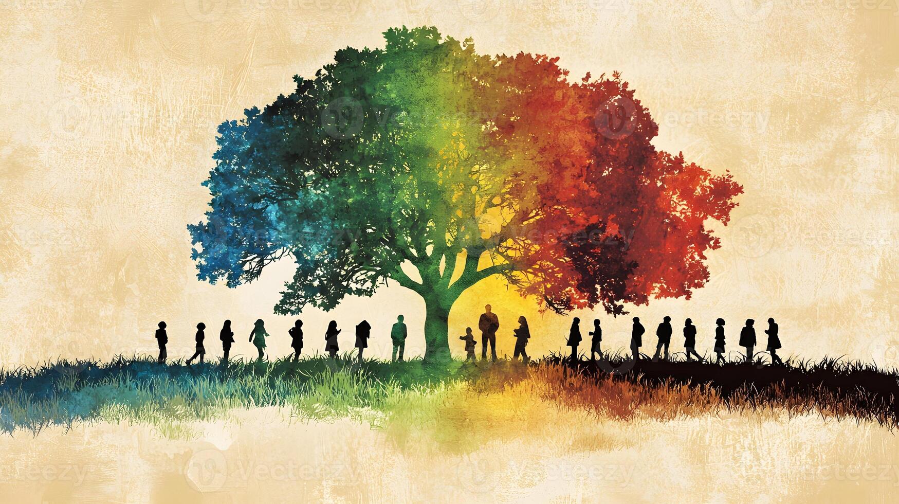 A rainbow tree with people walking around it photo