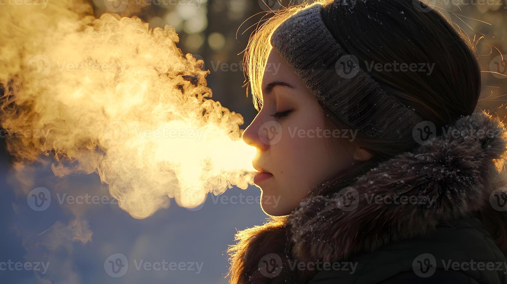 A woman is blowing smoke from her mouth photo