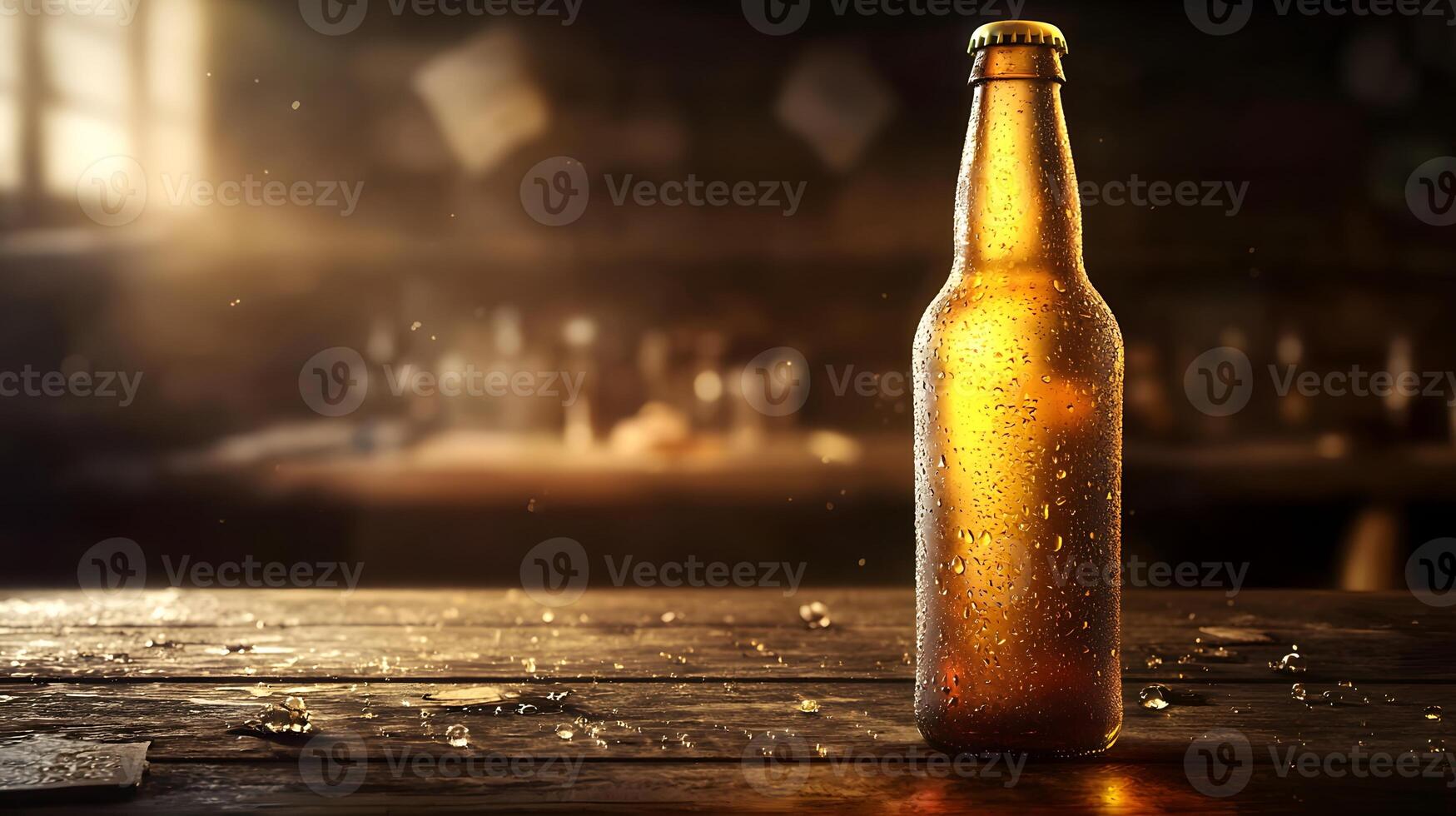 Cold Beer Bottle on Rustic Wooden Bar Top Illuminated Backlit Bar Scene photo