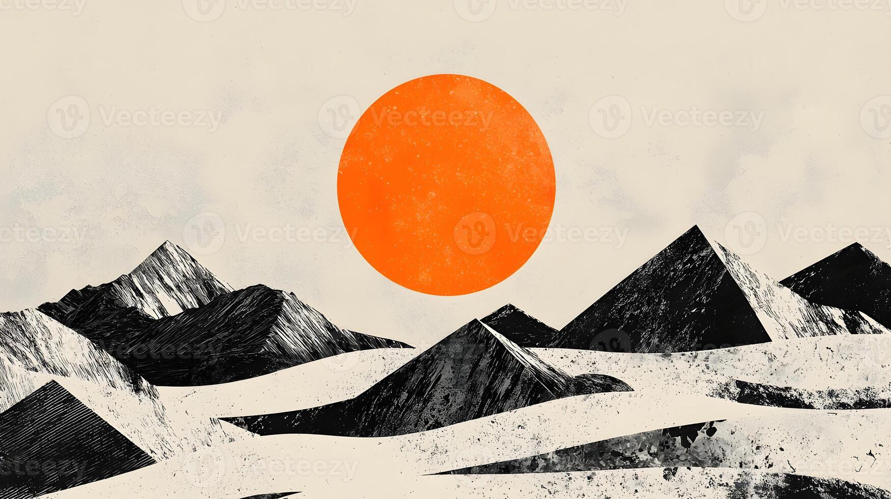 Abstract Mountain Range Landscape with Large Orange Sun Minimalist Art Print photo