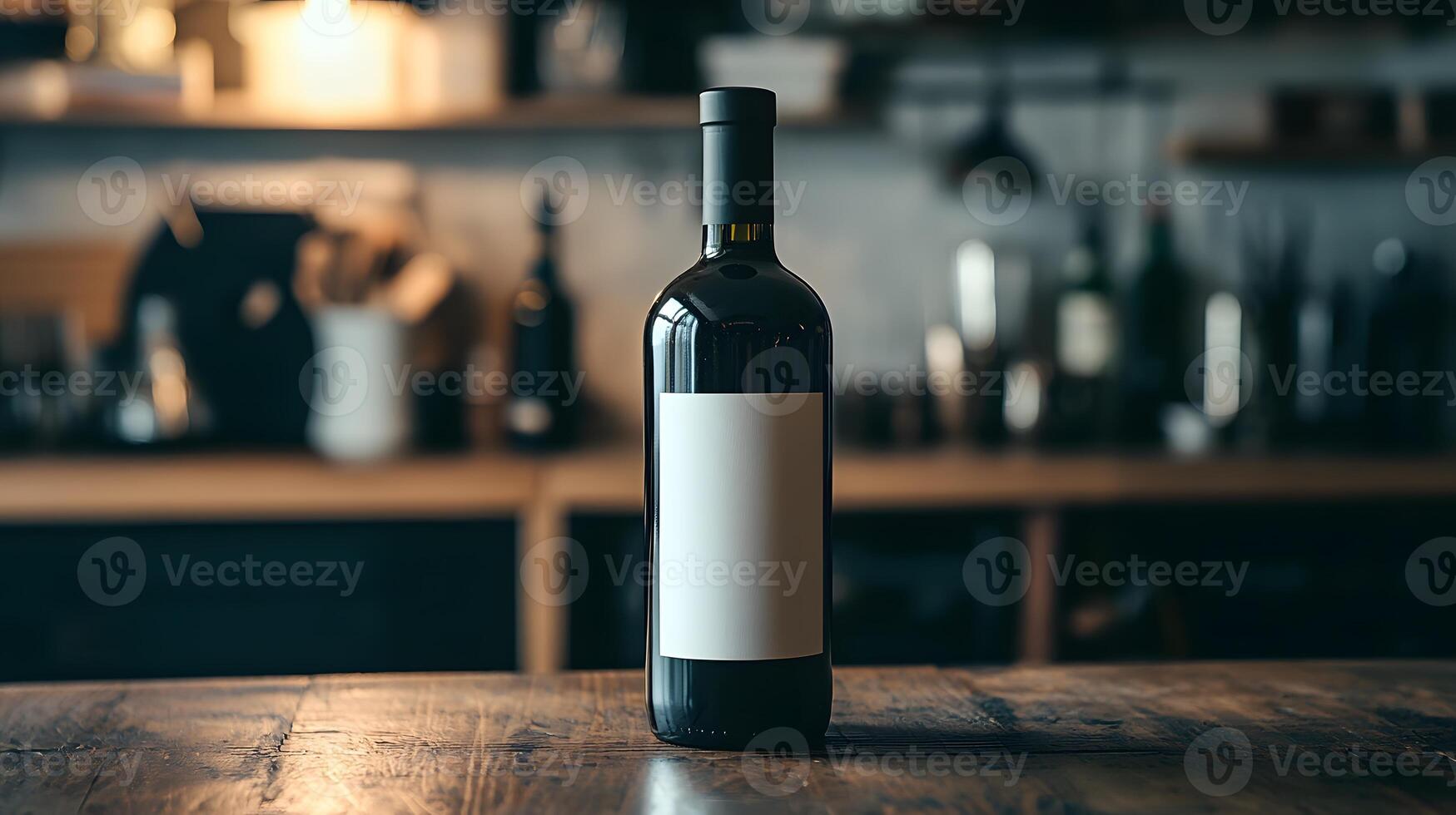 Red Wine Bottle Mockup Blank Label on Rustic Wooden Table in a Blurred Kitchen Background photo
