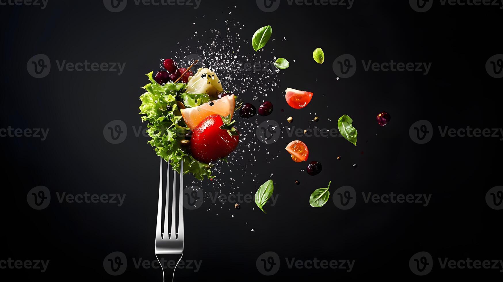 Fresh Salad Ingredients Exploding from Fork Vibrant Healthy Food Photography photo
