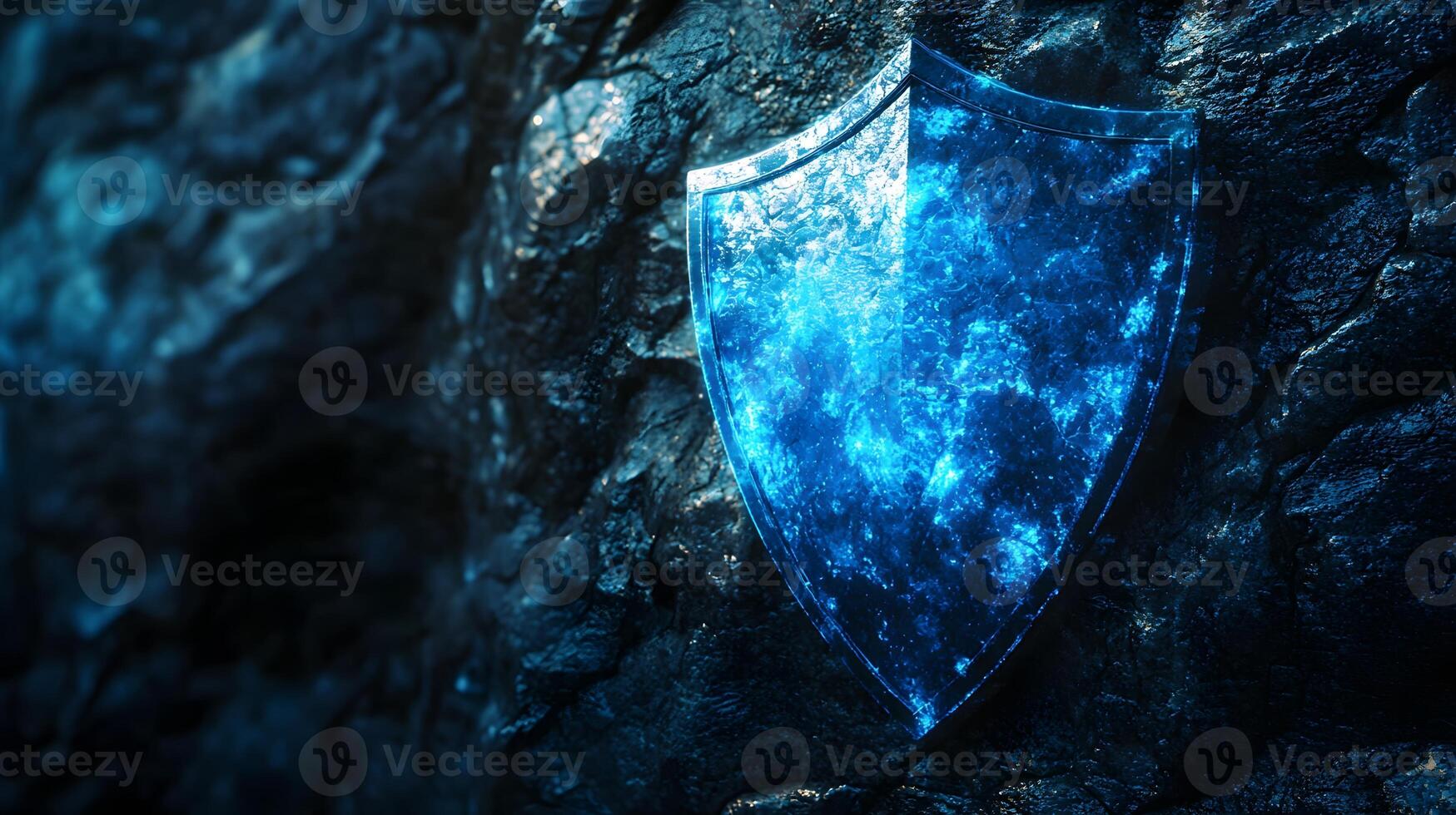Glowing Blue Energy Shield on Dark Rock Wall Abstract Security Concept photo
