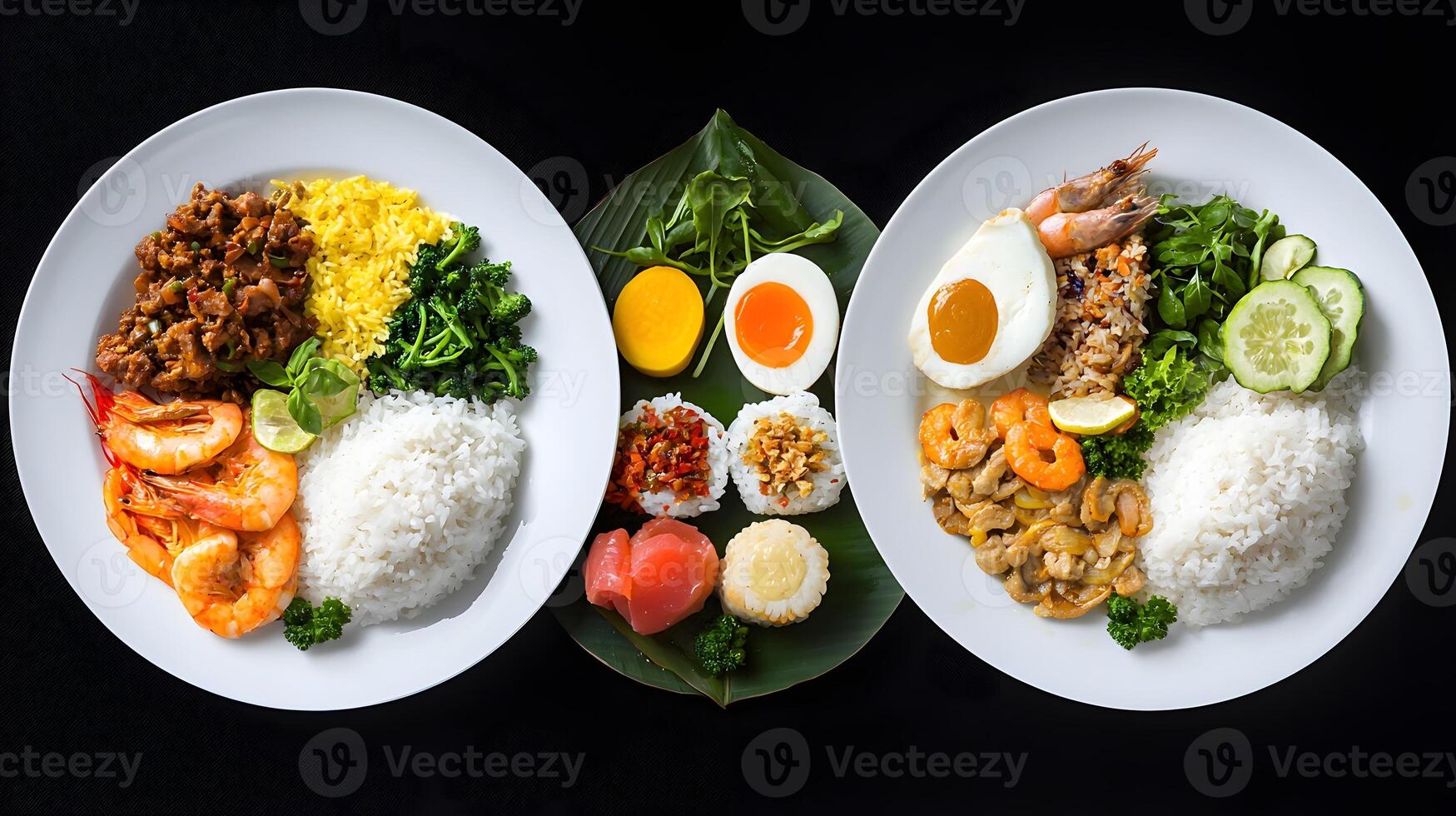 Delicious Asian Cuisine Three Gourmet Rice Bowl Plates with Shrimp Vegetables and Eggs photo