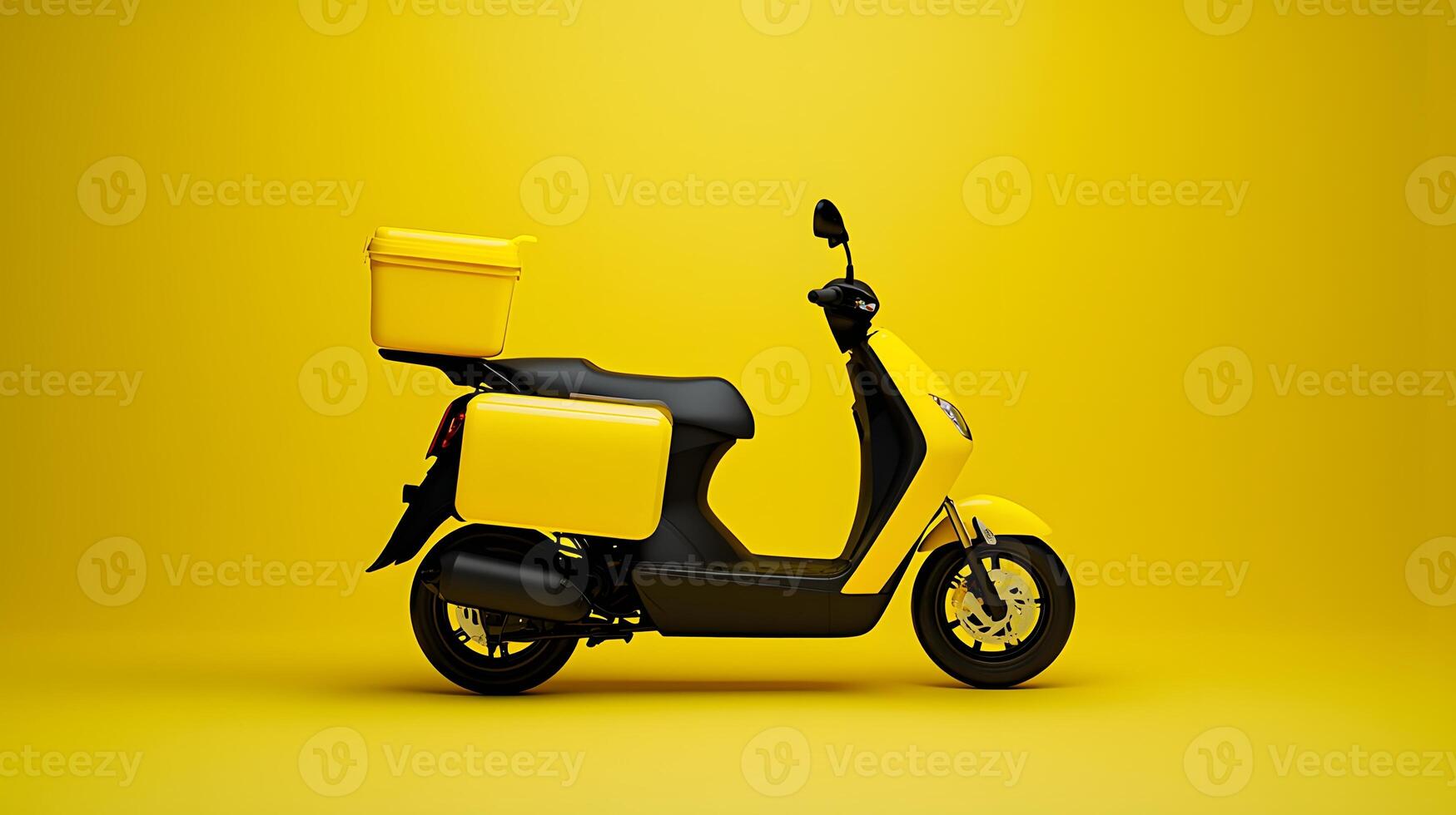 Yellow Delivery Scooter with Side Boxes on Yellow Background Food Delivery Service Concept photo