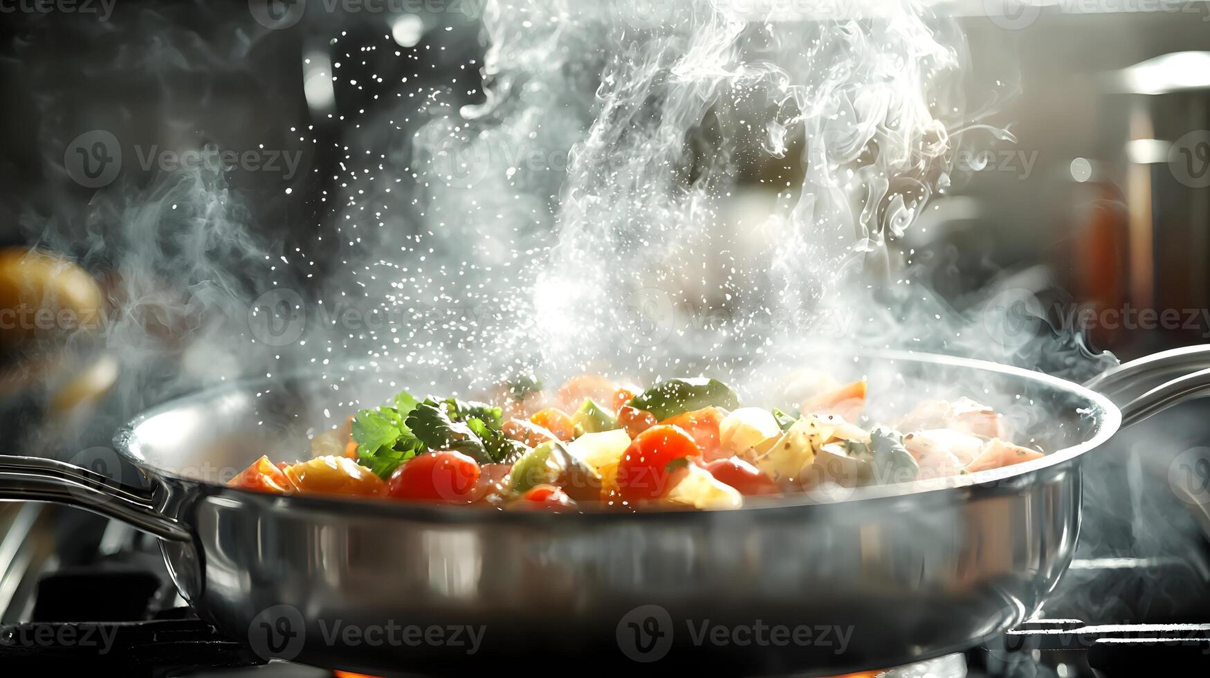 Steaming Hot Vegetable Stir Fry in Stainless Steel Pan Delicious Food Photography photo