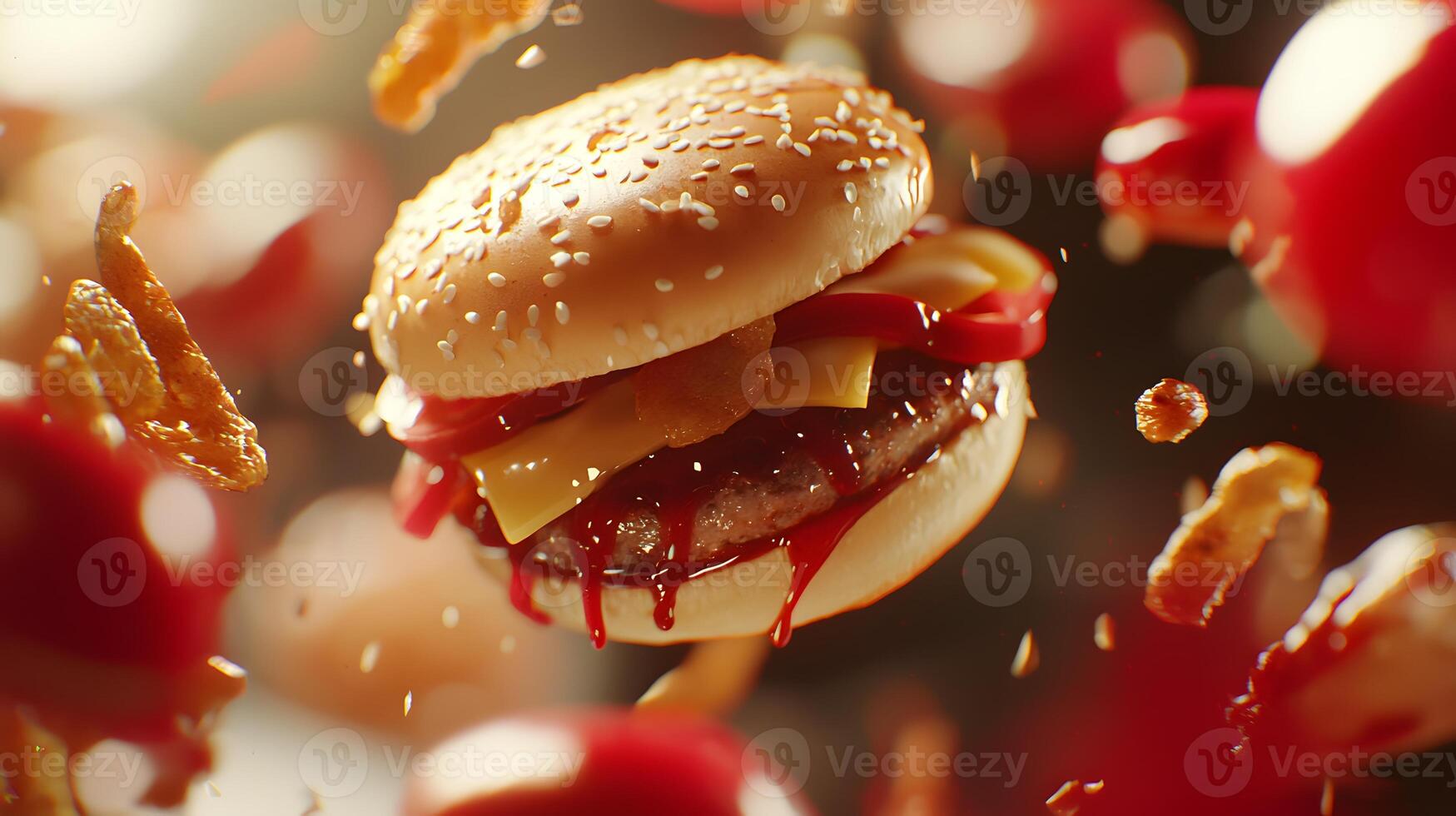 Delicious Cheeseburger with Fries in mid air Food Photography Fast Food Burger Closeup photo