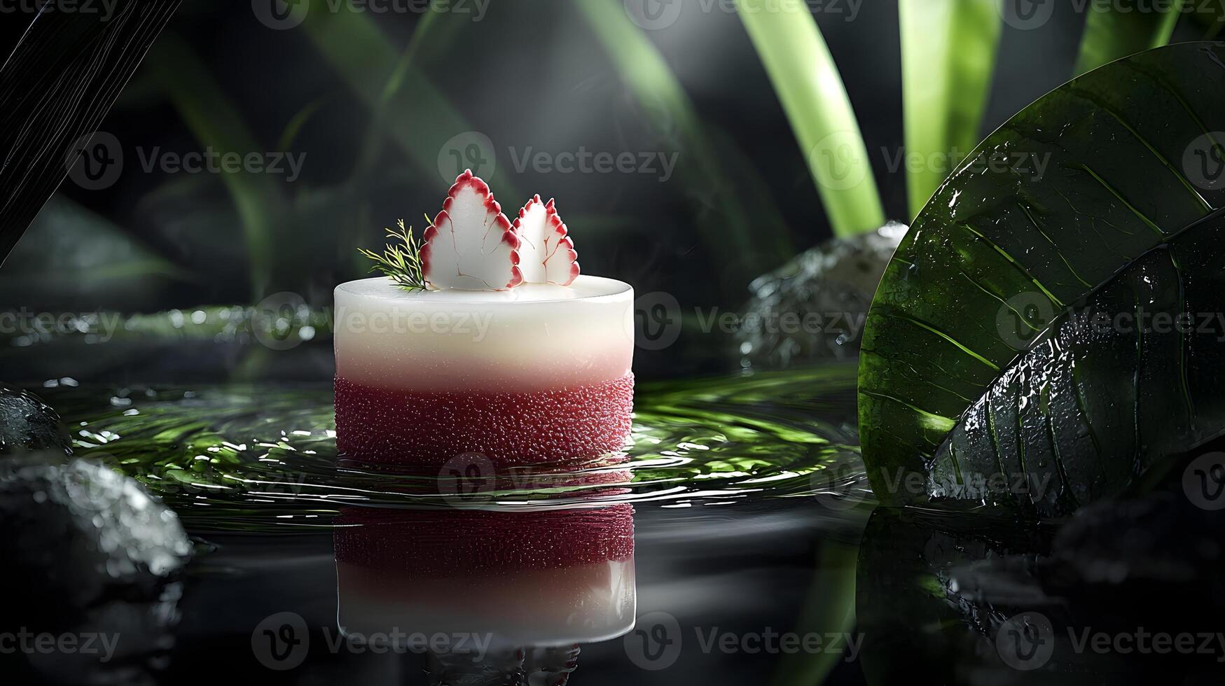 Elegant Layered Dessert in Serene Water Setting with Lush Greenery photo