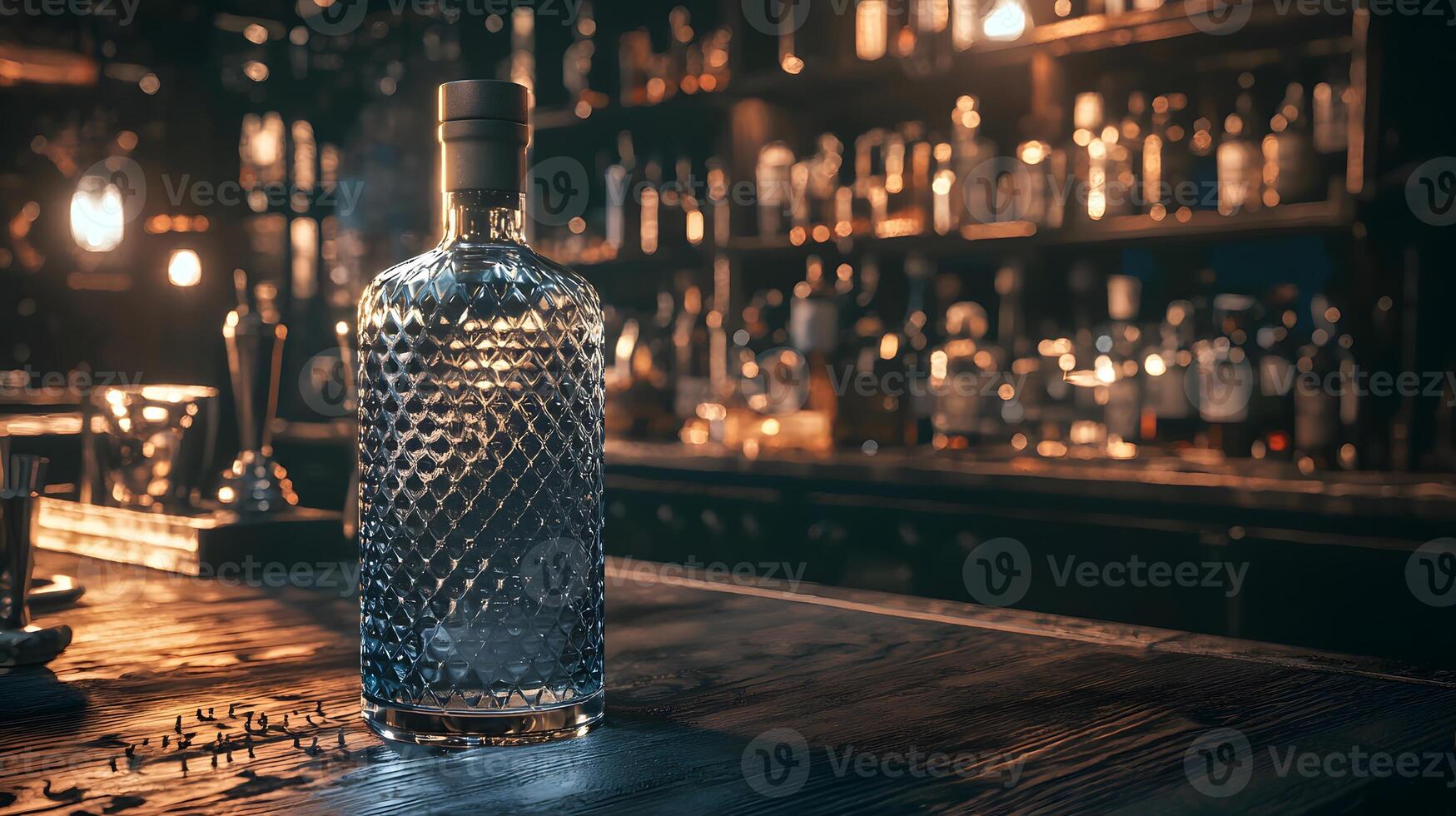 Elegant Crystal Decanter of Liquor on Dark Wood Bar Counter in a Dimly Lit Bar photo