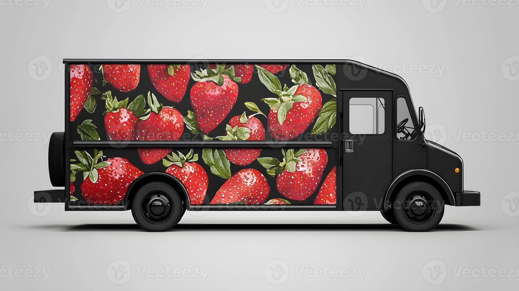 Black Delivery Truck with Strawberry Graphic Design Food Truck Mockup Side View photo