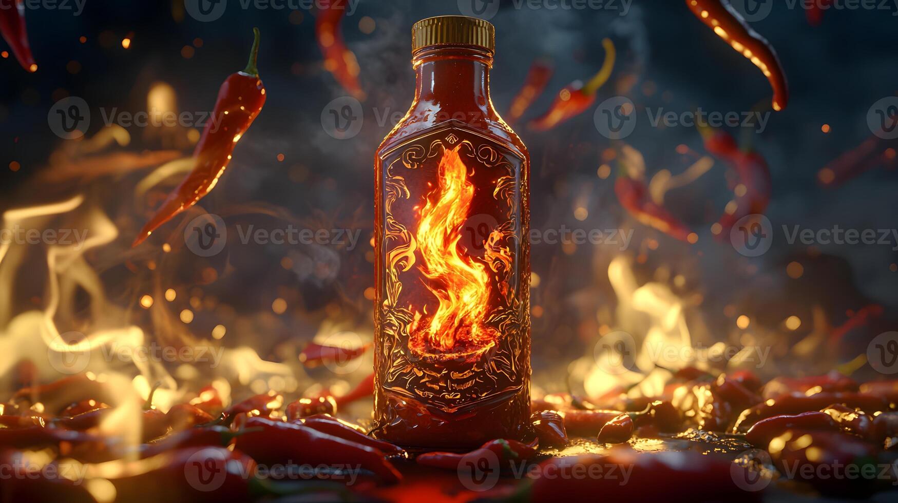 Fiery Hot Sauce Bottle with Flaming Chili Peppers Spicy Food Concept photo
