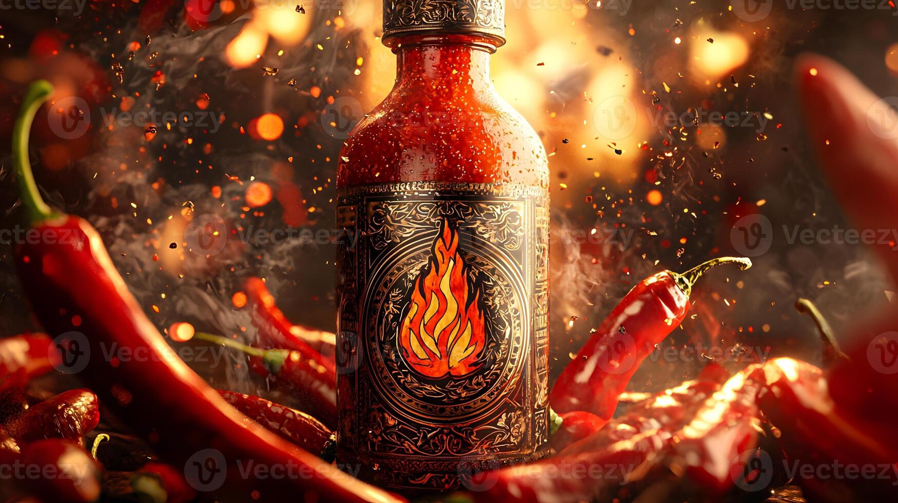 Fiery Hot Sauce Bottle Surrounded by Red Chili Peppers with Dramatic Lighting and Smoke Effects photo