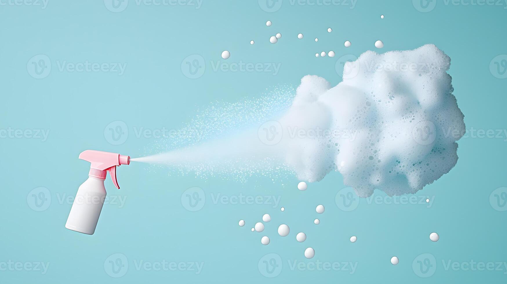 Cleaning Spray Bottle Dispensing Fluffy Foam on Blue Background photo