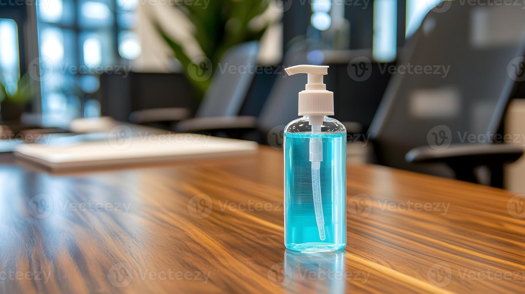 Hand Sanitizer Bottle on Office Desk Hygiene Workplace Safety Cleanliness photo