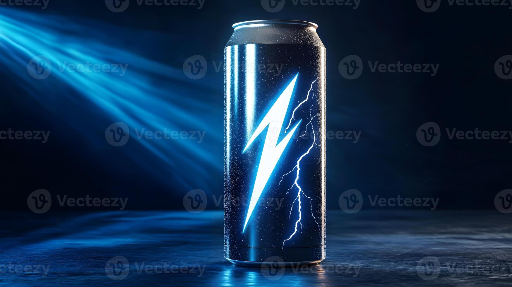 Energy Drink Can Glowing Lightning Bolt Dark Background Condensation Refreshing Beverage photo