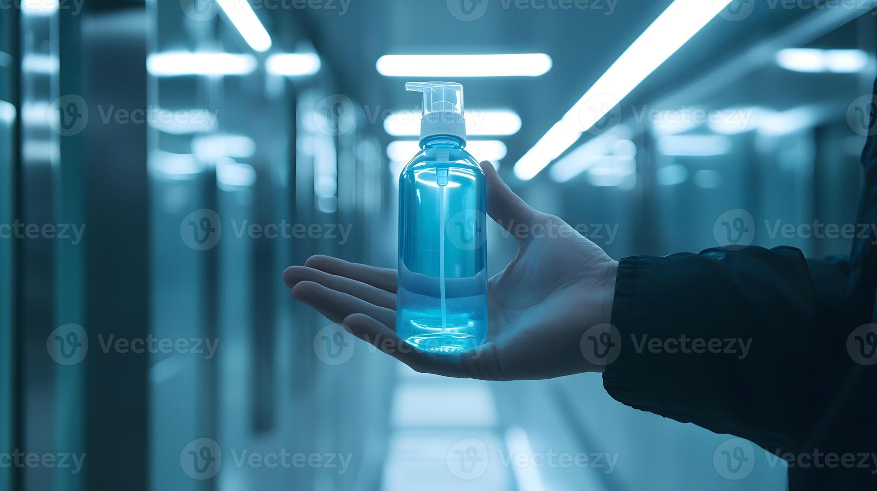 Hand Holding Blue Sanitizer Bottle in Modern Office Corridor photo