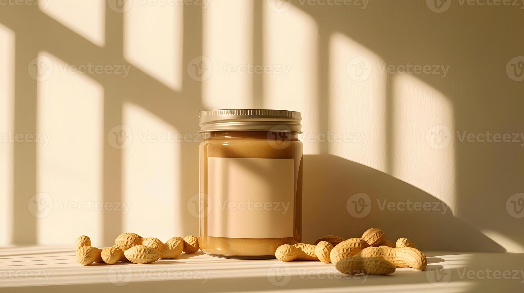 Creamy Peanut Butter in Glass Jar with Peanuts Sunlit Setting Blank Label photo