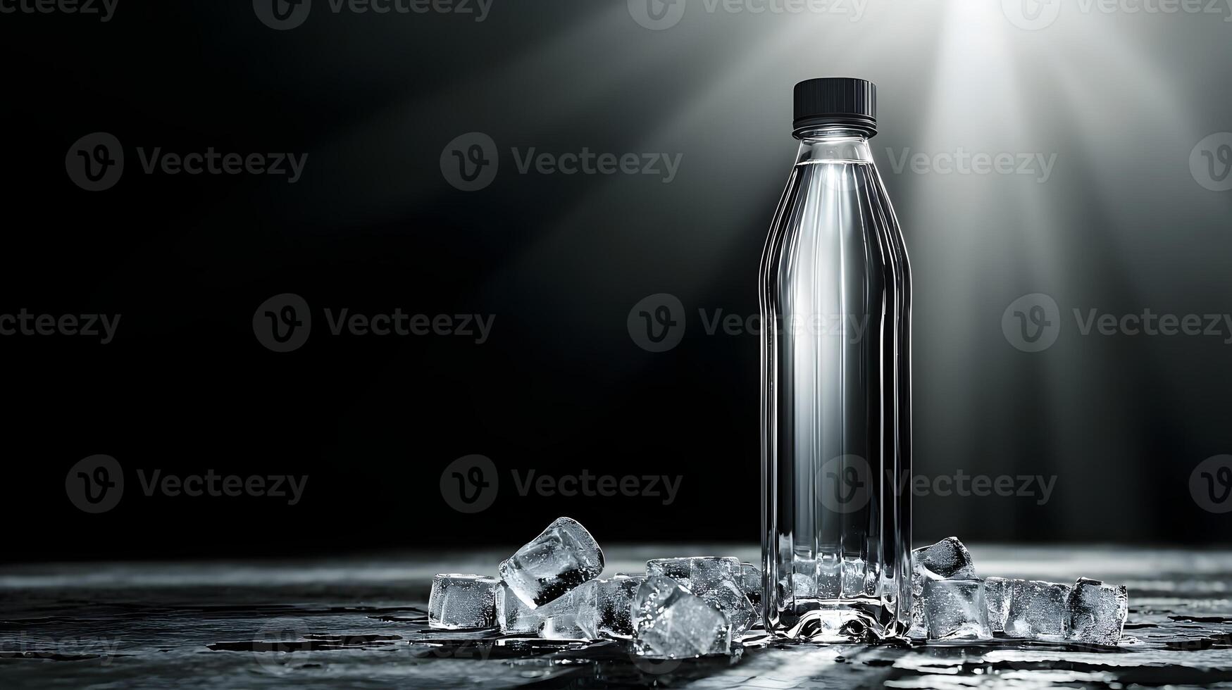 Refreshing Cold Water Bottle with Ice Cubes on Dark Background photo