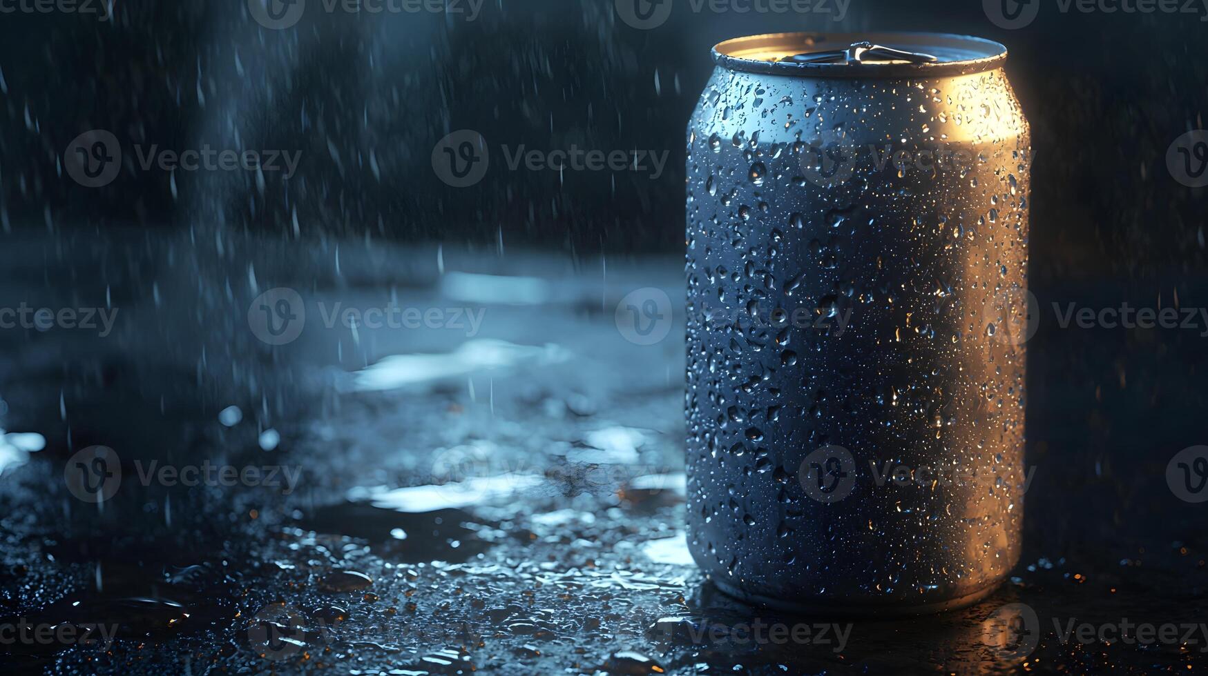 Aluminum Can Covered in Rain Drops on Wet Surface at Night photo