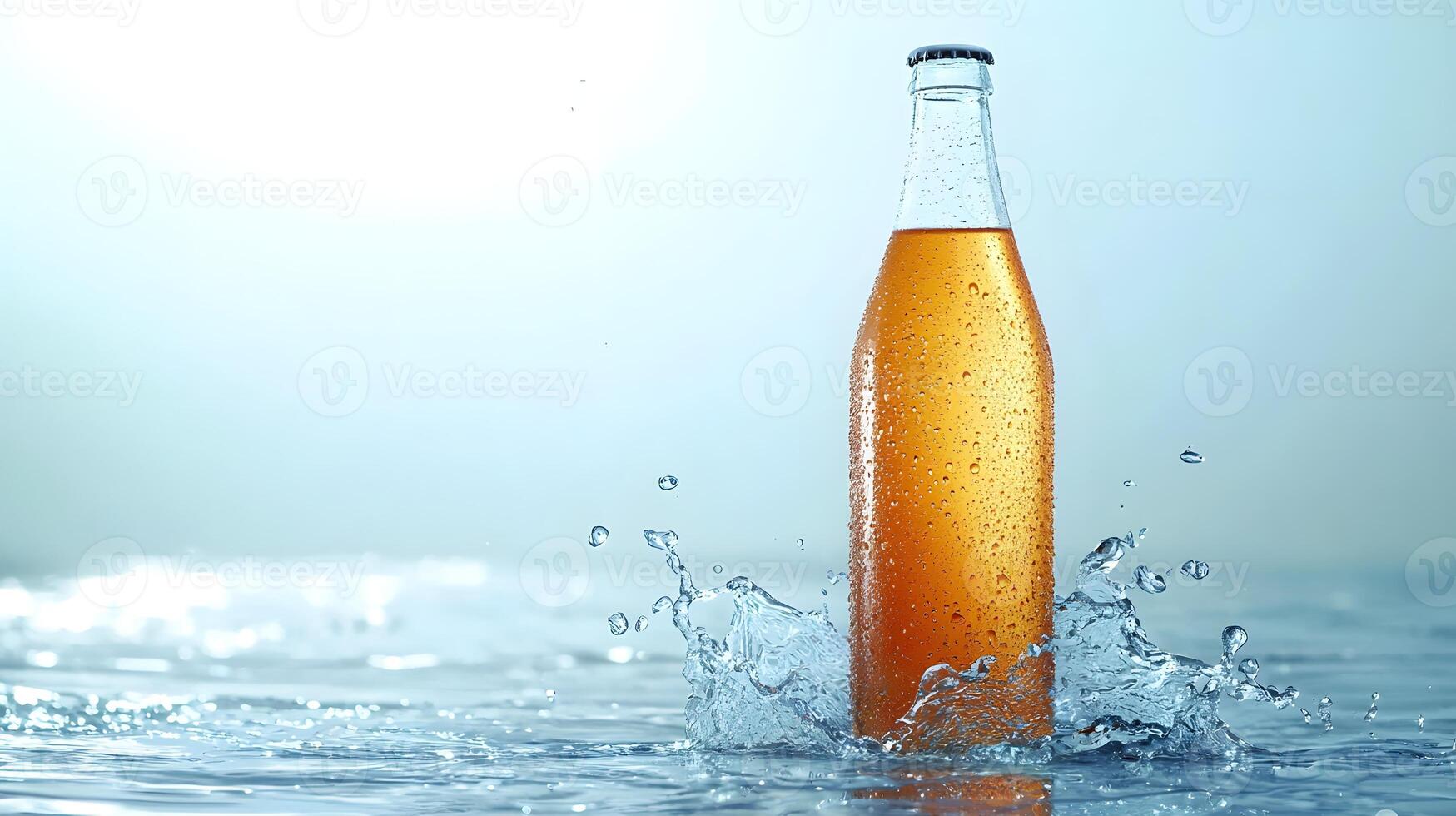 Refreshing Orange Soda Bottle in Water Splash Summer Drink Concept photo