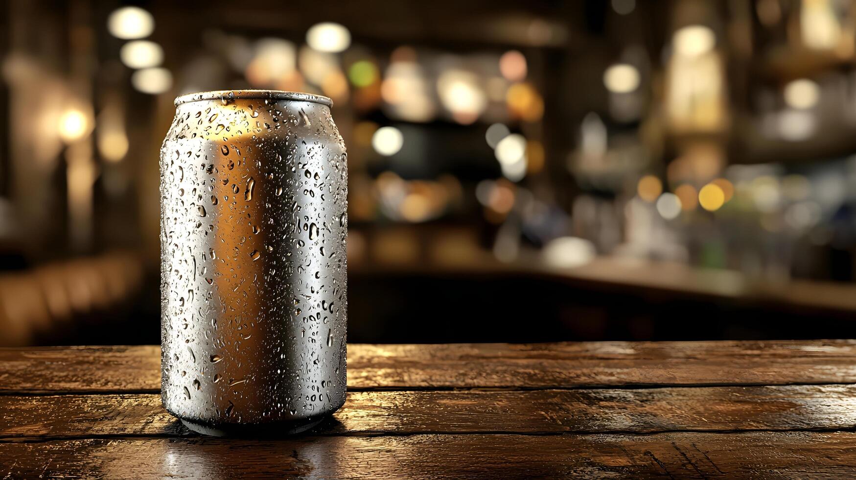 Cold Aluminum Can with Condensation on Wooden Bartop Blurred Pub Background photo