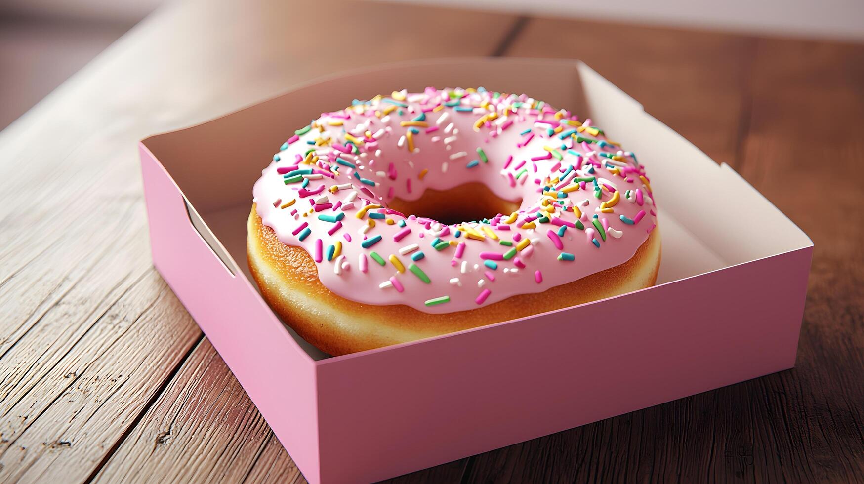 Delicious Pink Glazed Donut with Sprinkles in a Pink Box on Wooden Table photo