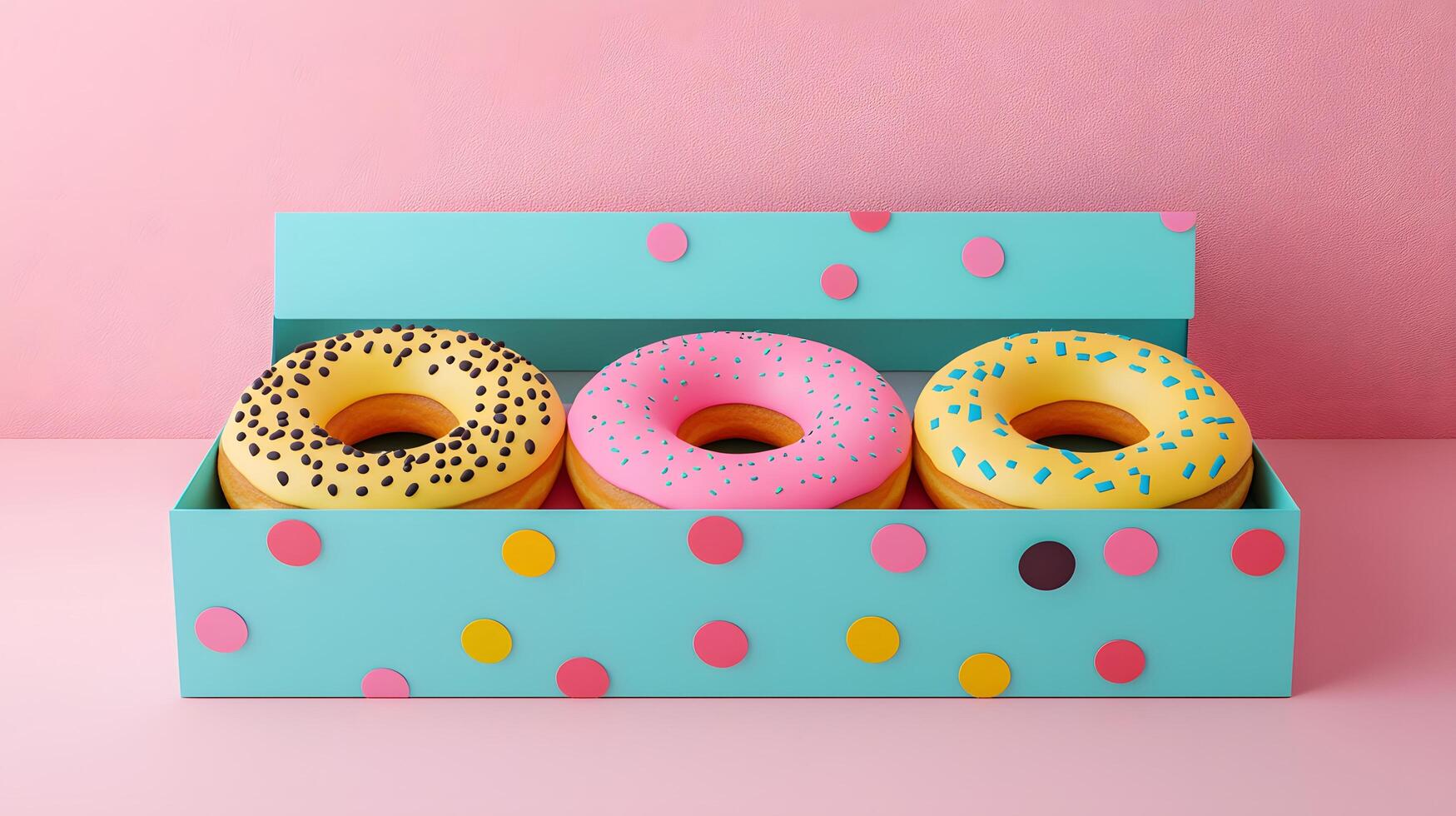 Three Delicious Glazed Donuts in a Pastel Gift Box Sweet Treats Colorful Bakery Dessert Food photo