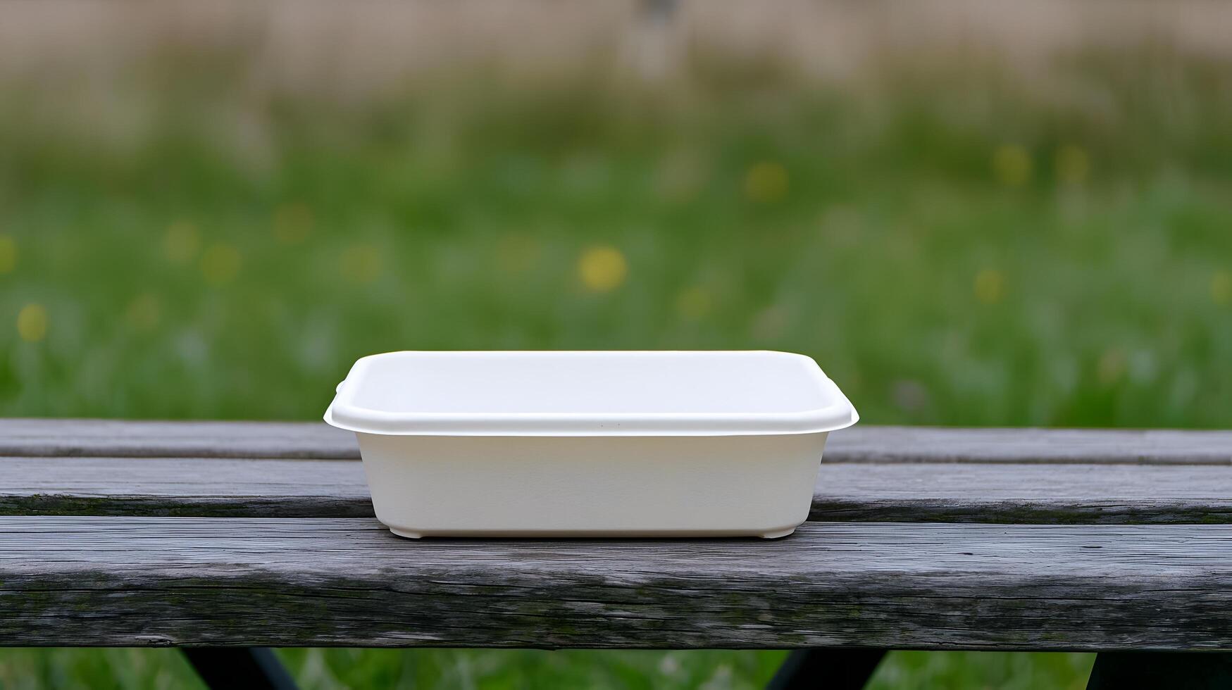 Empty White Biodegradable Food Container on Wooden Bench Outdoor Park Setting photo
