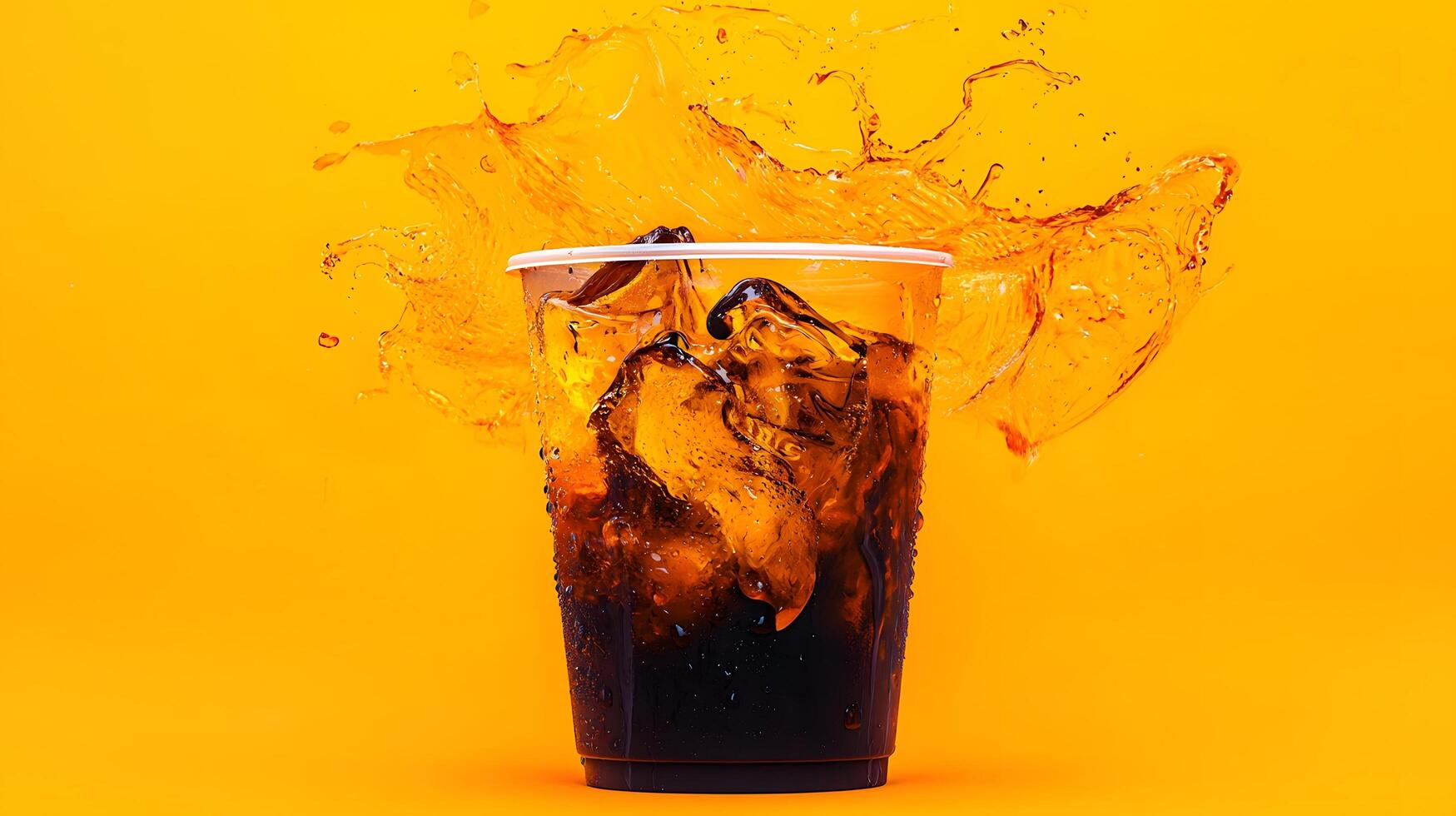 Refreshing Iced Beverage Splashing in Plastic Cup Yellow Background photo