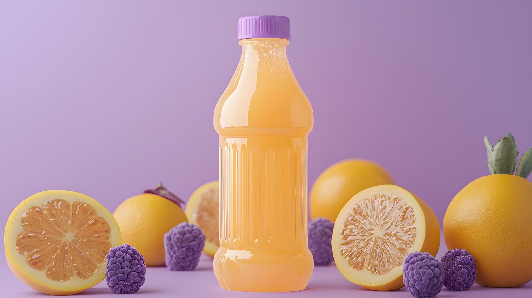 Refreshing Citrus Juice Bottle with Lemons and Blackberries on Purple Background photo