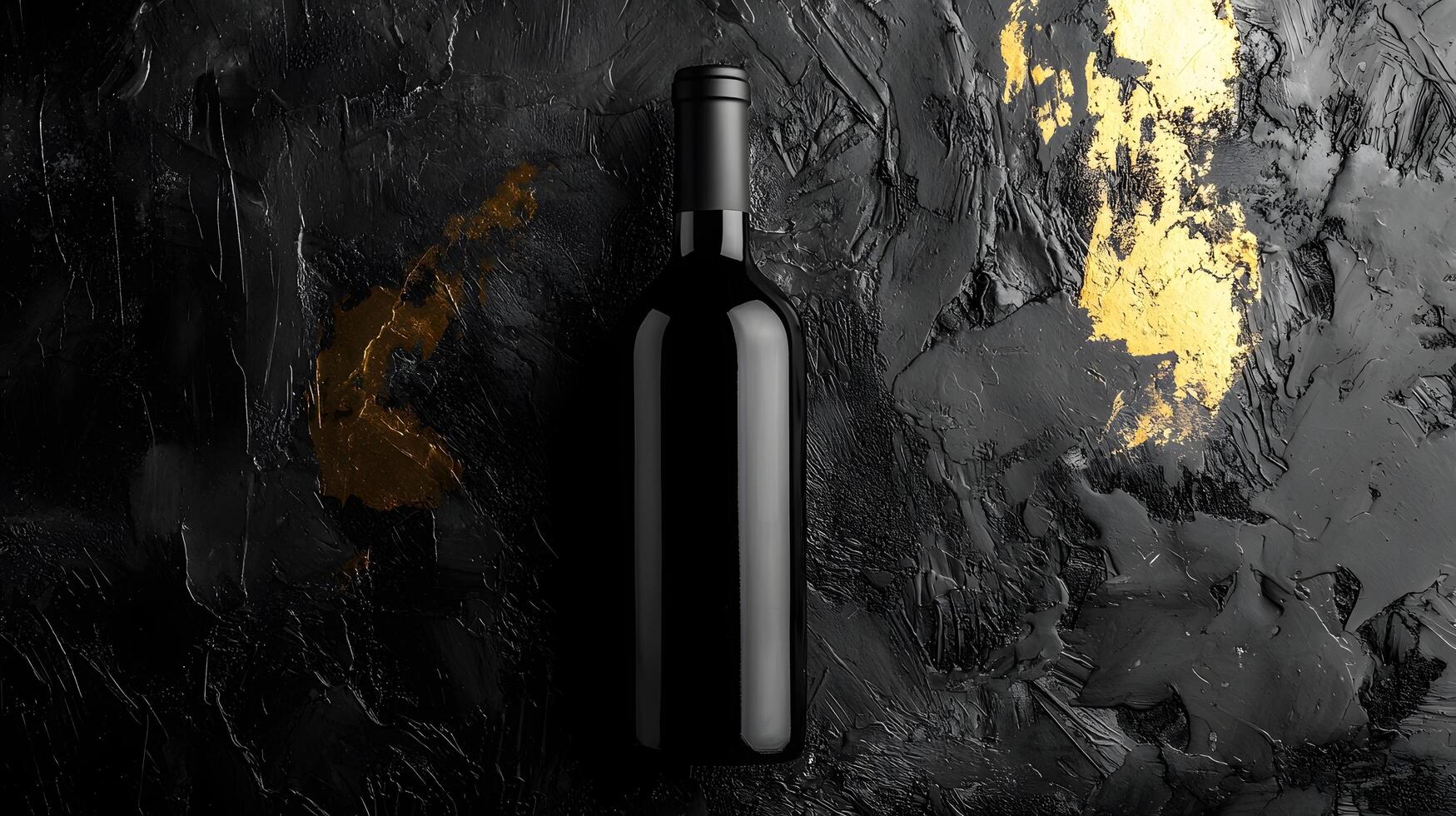 Elegant Black Wine Bottle on Dark Textured Background with Gold Accents photo