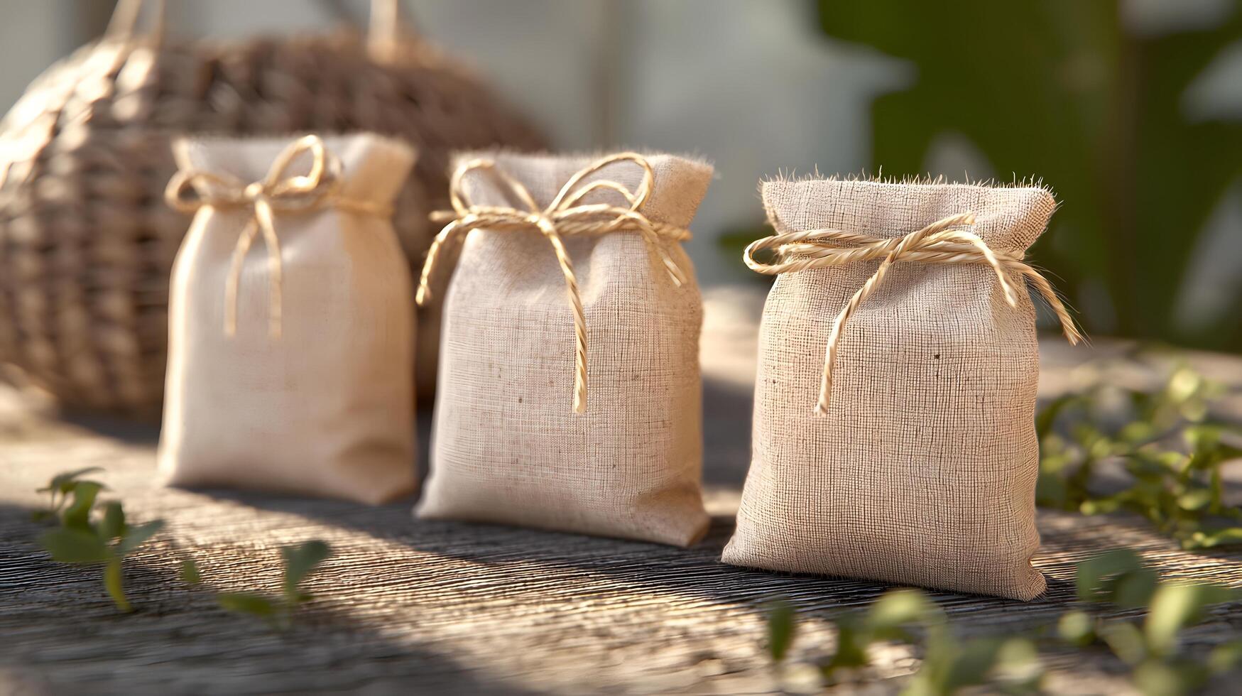 Three Small Linen Bags Tied with Twine on Rustic Wooden Surface photo